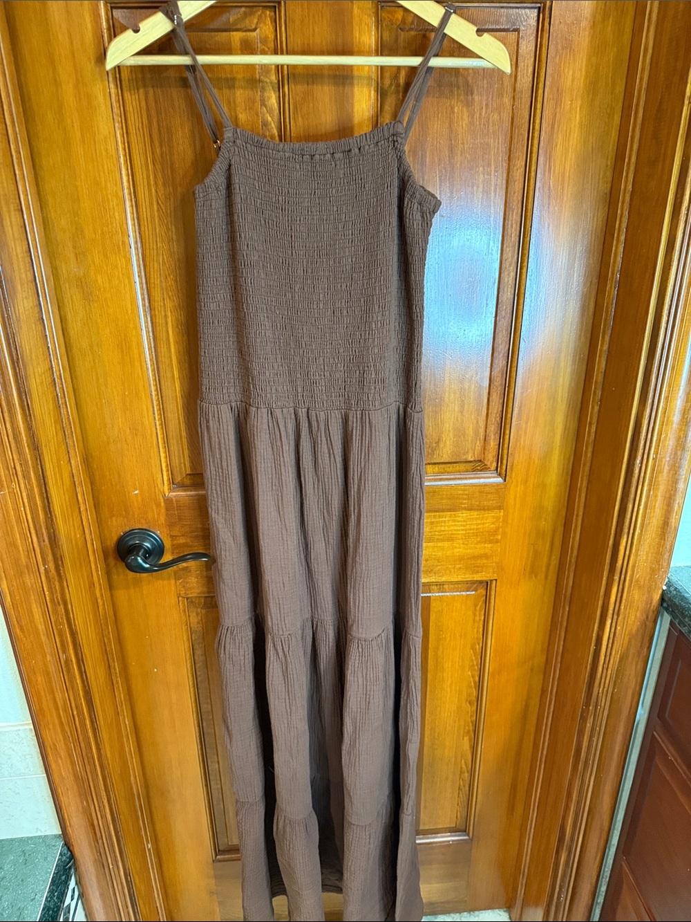Brown Smocked Tiered Maxi Dress with Spaghetti Straps